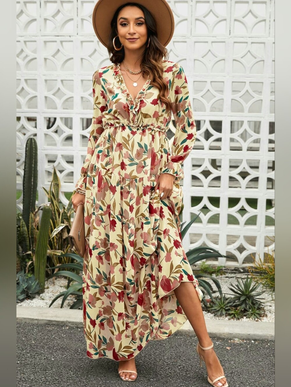 Floral Maxi Dress with Long Sleeves And Ruffles